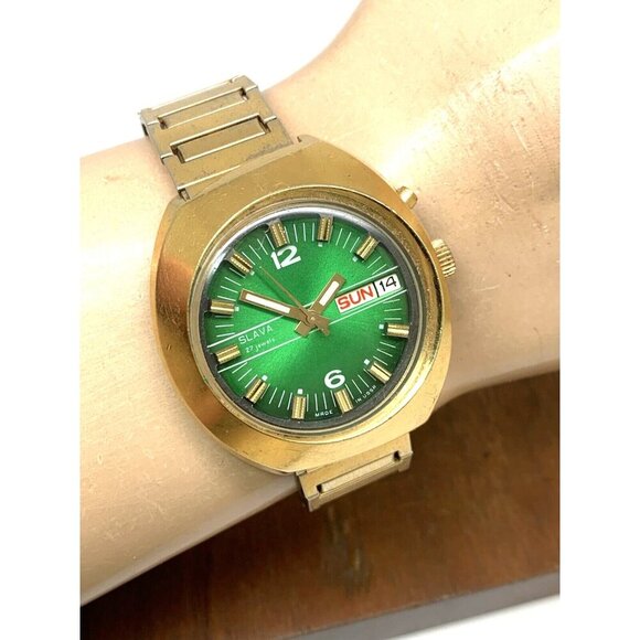 Slava Men's Watch Vintage USSR Automatic Green Dial Day Date Gold Steel 41mm - Picture 10 of 13